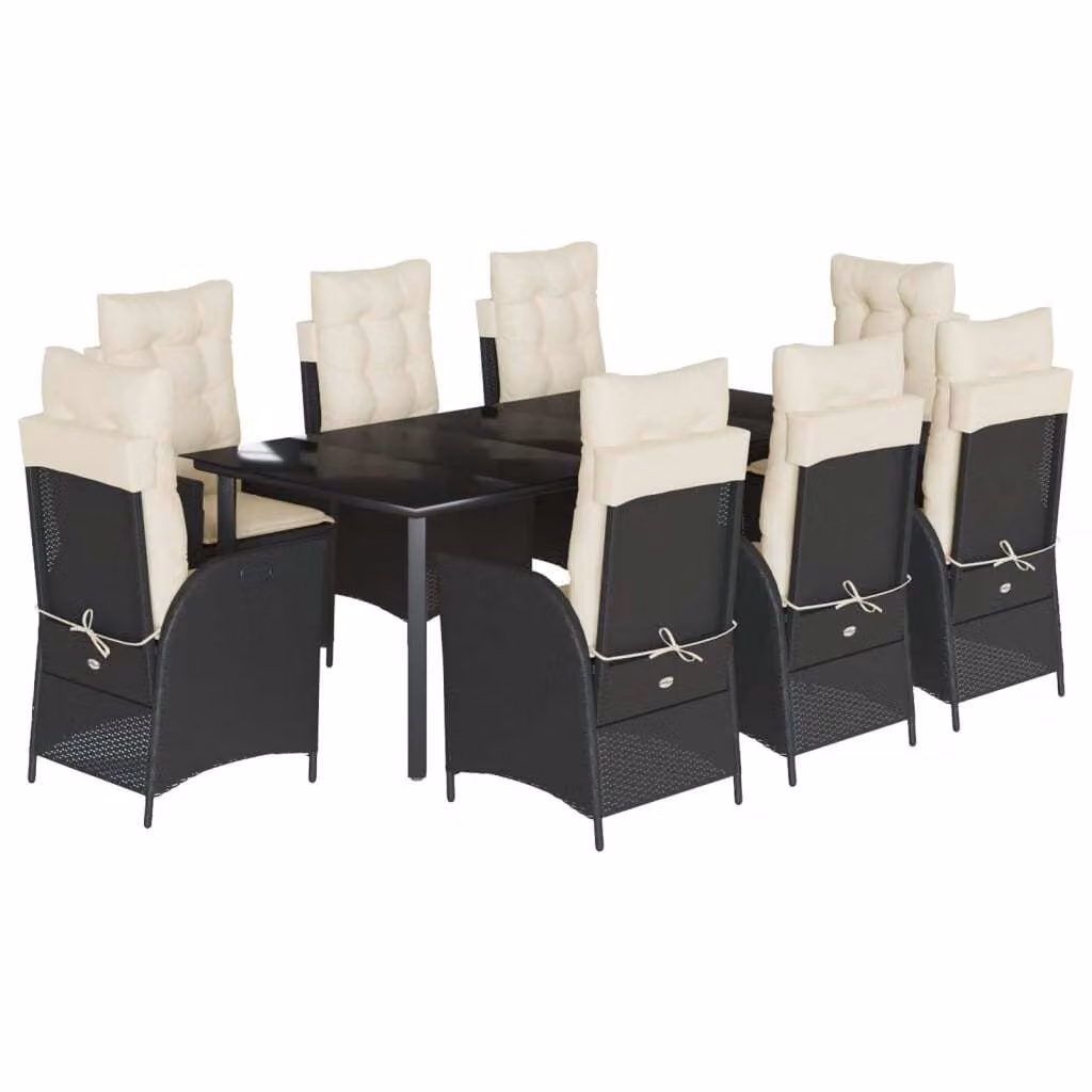 Set da Pranzo da Giardino 9 pz con Cuscini Nero in Polyrattan