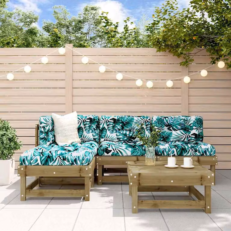 Set Salotto da Giardino vidaXL in Legno di Pino con Cuscini Floreali, Composizione a L con Divano a 2 Posti, Elemento Angolare e Pouf, Colore Marrone e Verde