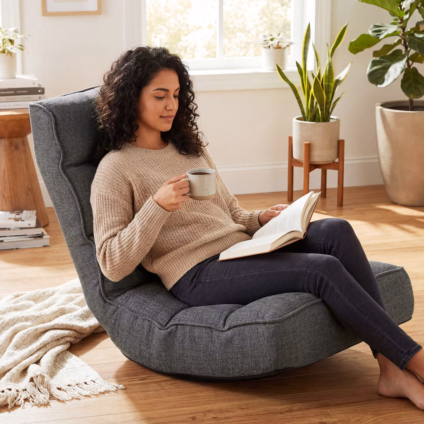 Sedia da pavimento pieghevole HOMCOM, poltrona da lettura girevole a 360° con schienale regolabile in 5 posizioni, Grigio, L 58 x P 79 x H 107 cm – 2