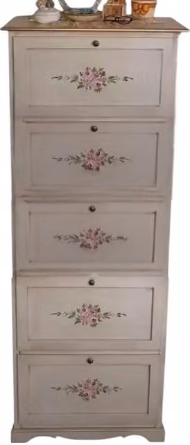Scarpiera Mobili 2G in legno shabby chic con 5 ante ribaltabili, colore avorio anticato e dettagli oro, L: 79 cm, P: 30 cm, H: 210 cm