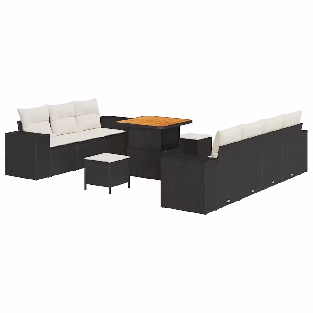 Set Divano da Giardino vidaXL 10 Pezzi a Forma di U in Polyrattan Nero e Beige con Cuscini e Tavolino da Caffè – 2