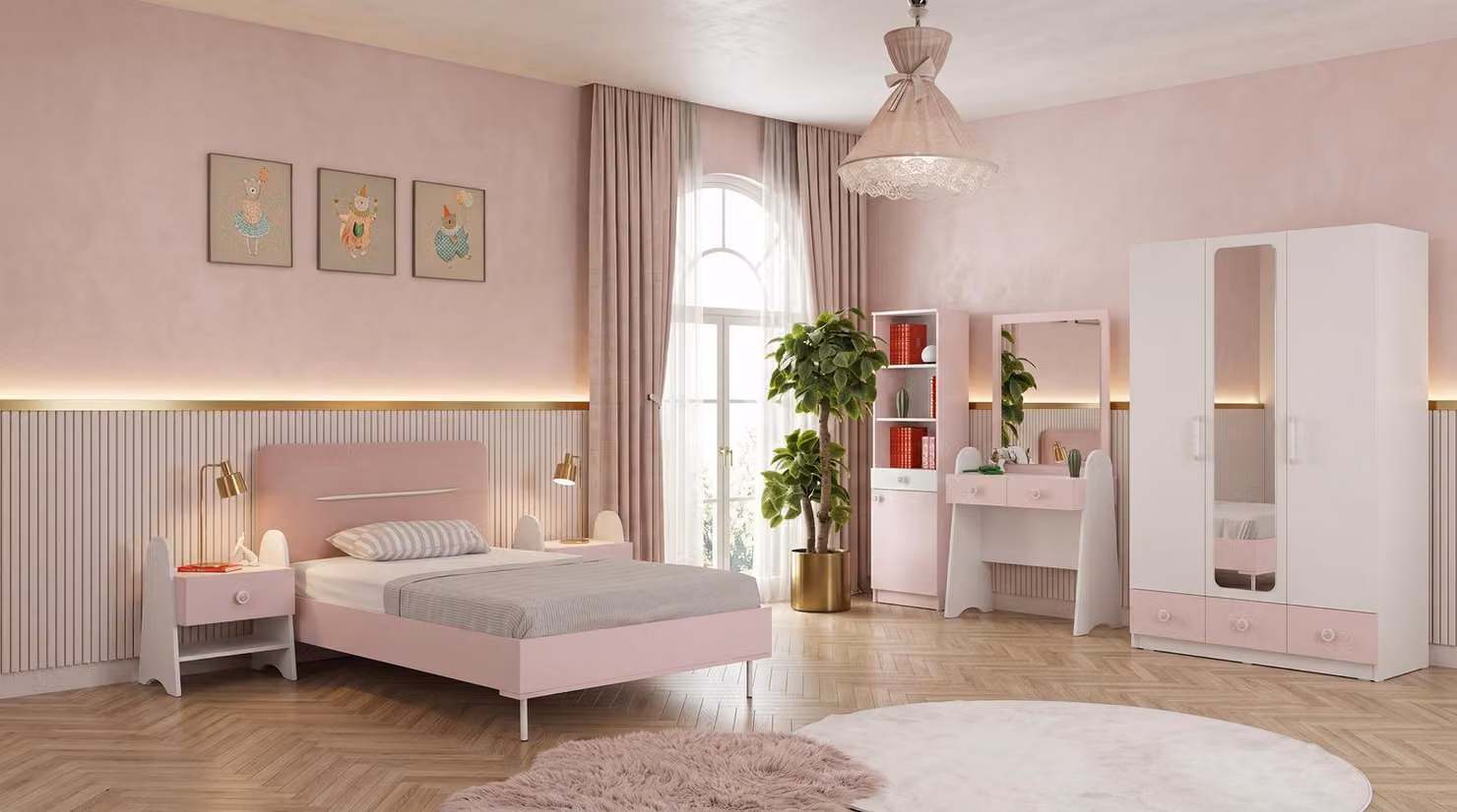 Letto, armadio, comodini, specchiera e libreria per camera da letto per adolescenti (stile Rosa)
