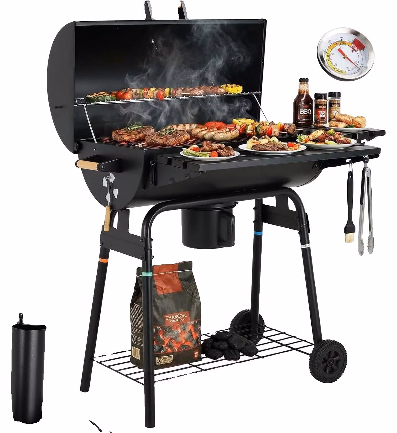 Griglia per carbone, realizzata in acciaio, altezza 128 cm, lunghezza 107 cm, dotata di 2 piastre di cottura, con superficie smaltata in porcellana