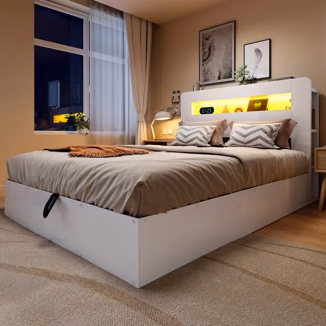 Letto contenitore 140 × 200 cm con sollevamento idraulico, luci LED, prese e vani, senza materasso, bianco