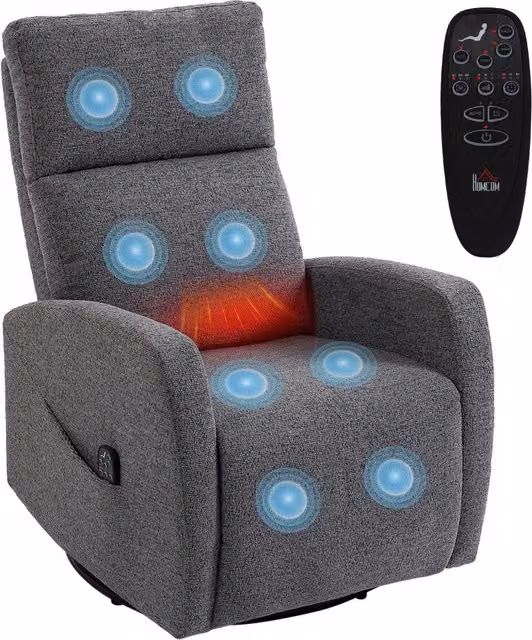 Poltrona Relax Massaggiante Girevole 360° e Reclinabile 155°, Poltrona TV con Riscaldamento e Dondolo Effetto Ciniglia Grigio Scuro