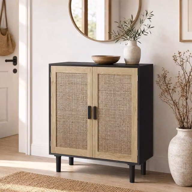 Mobile contenitore in rattan nero con due ante, 80x40x88 cm, con manici in legno massello