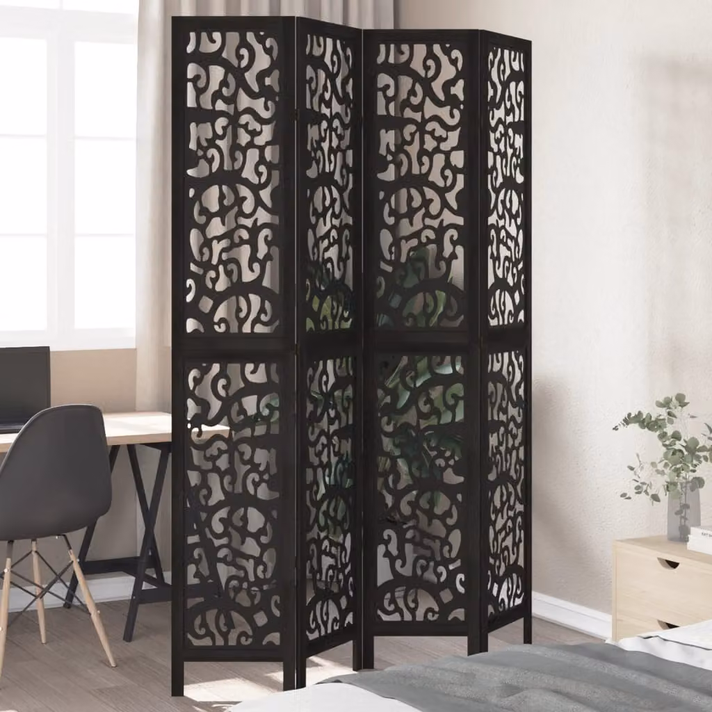 Divisorio Ambienti vidaXL con 4 Pannelli in Legno di Paulownia Nero Opaco H: 170 cm, L: 220 cm