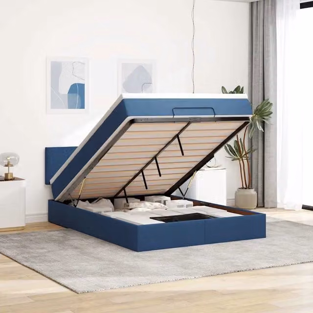 Letto con contenitore a sollevamento e materasso vidaXL in tessuto blu e bianco L: 140 cm, P: 200 cm, H: 88 cm