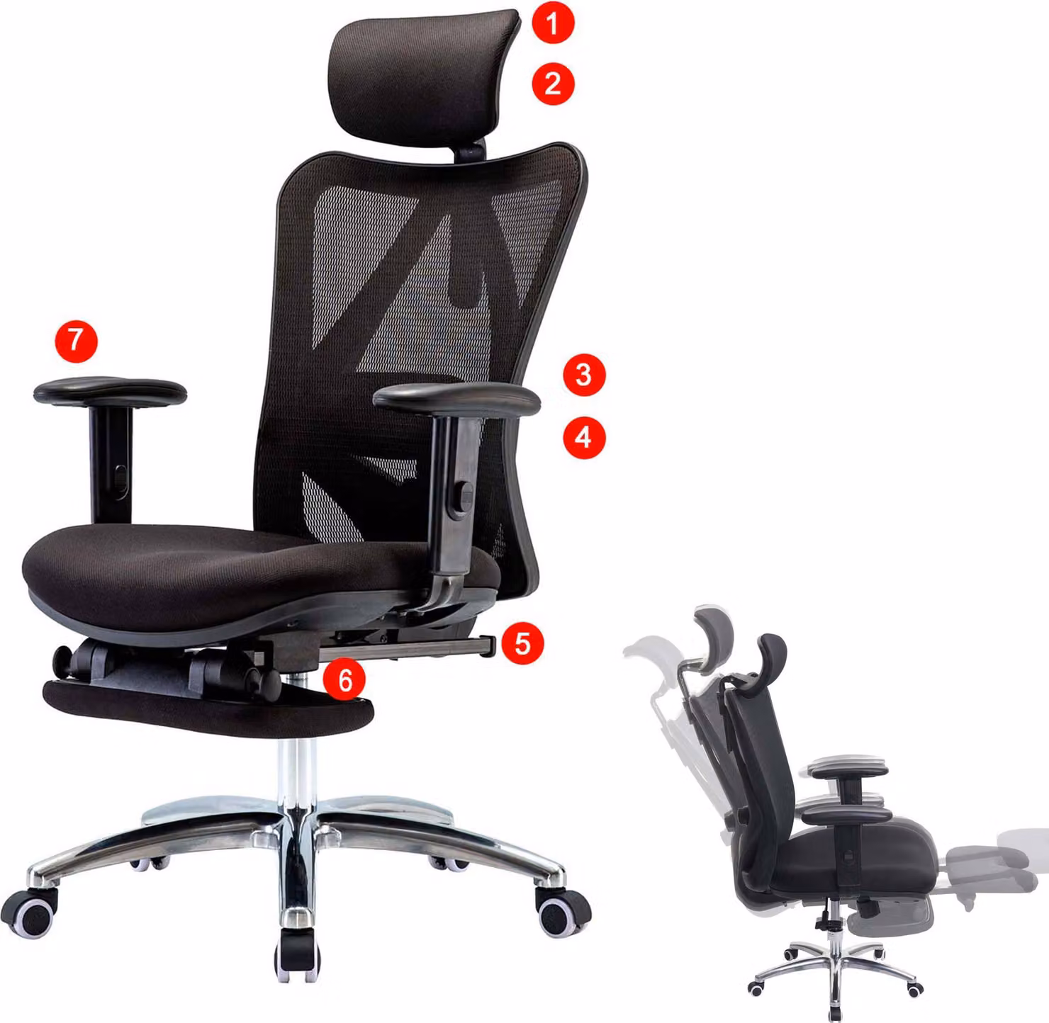 Sedia da ufficio SIHOO sedia da scrivania, ergonomica, supporto lombare regolabile, portata 150 kg ~ con poggiapiedi, nero