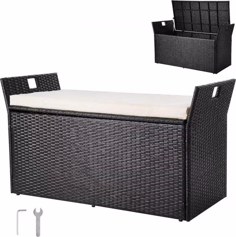 Panca da giardino con spazio contenitore, grigio chiaro, 2 posti, 125 x 55 x 70 cm, realizzata in rattan di polietilene (PE)