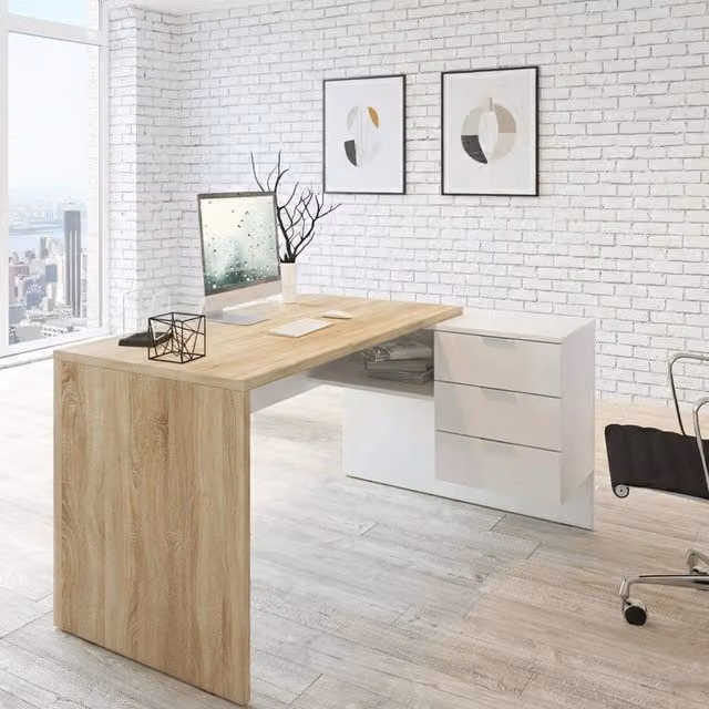 Scrivania angolare moderna Agnello DMORA con 2 cassetti, Marrone Rovere e Bianco, L: 145 cm, P: 108 cm, H: 73 cm – 1