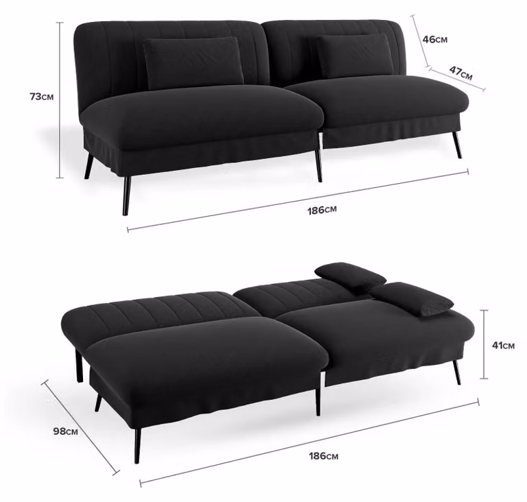 Divano letto pieghevole - Divano angolare 2 posti 2 in 1 - Struttura in metallo - Rivestimento in tessuto - 186×47×73 cm - Nero
