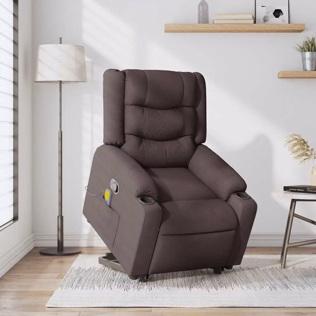 vidaXL Poltrona Alzapersona Massaggi Reclinabile Marrone Scuro Tessuto