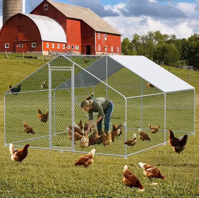 Recinto Protetto per Animali 3x4x2m con Chiusura di Sicurezza e Telo PE Impermeabile, Gabbia in Metallo per Polli, Conigli e Piccoli Animali
