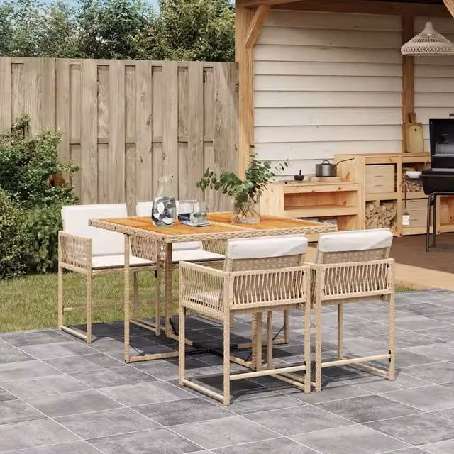 Set da Pranzo da Giardino 5 Pezzi vidaXL in Polyrattan con Cuscini Beige e Tavolo in Legno di Acacia