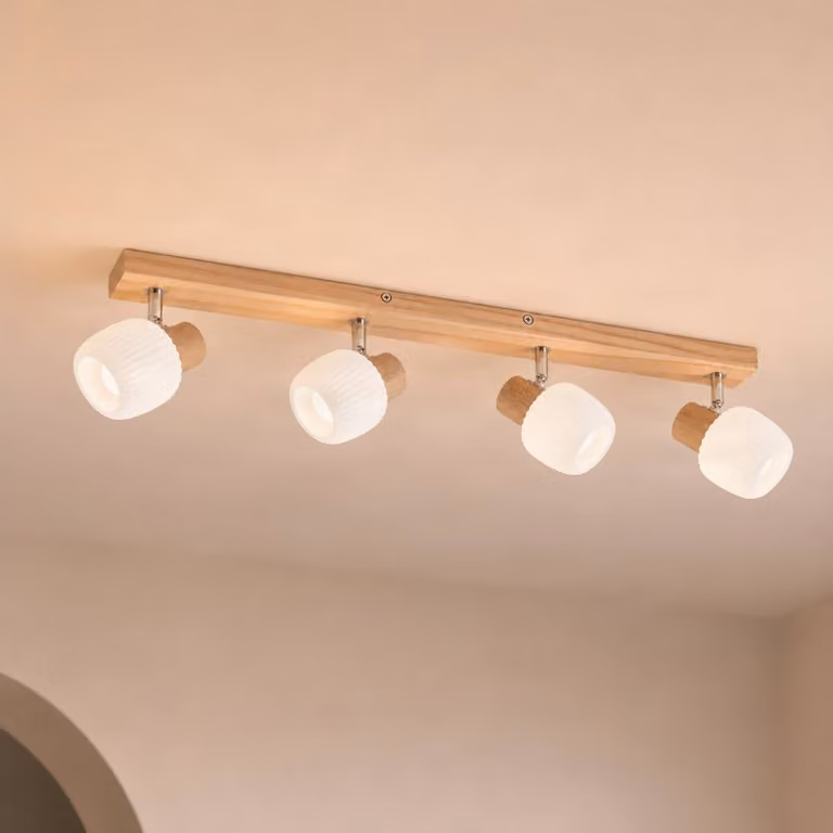 Faretto da soffitto Lindby Darla, a 4 luci, bianco/colore legno Darla Lindby, dimmerabile, Legno chiaro, Corridoio, Legno, Faretto