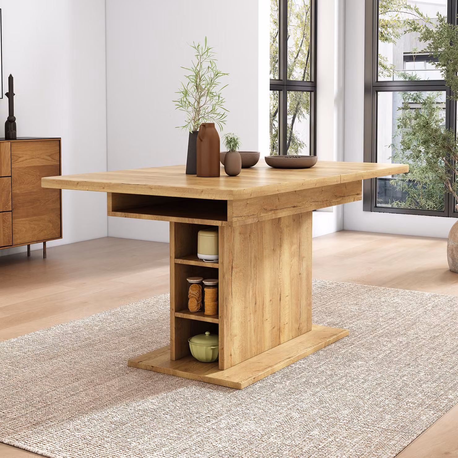 MODFU Tavolo da pranzo, tavolino da salotto, tavolino da caffè, tavolo da tempo libero con spazio contenitivo, moderno tavolo da pranzo allungabile in ferro, naturale