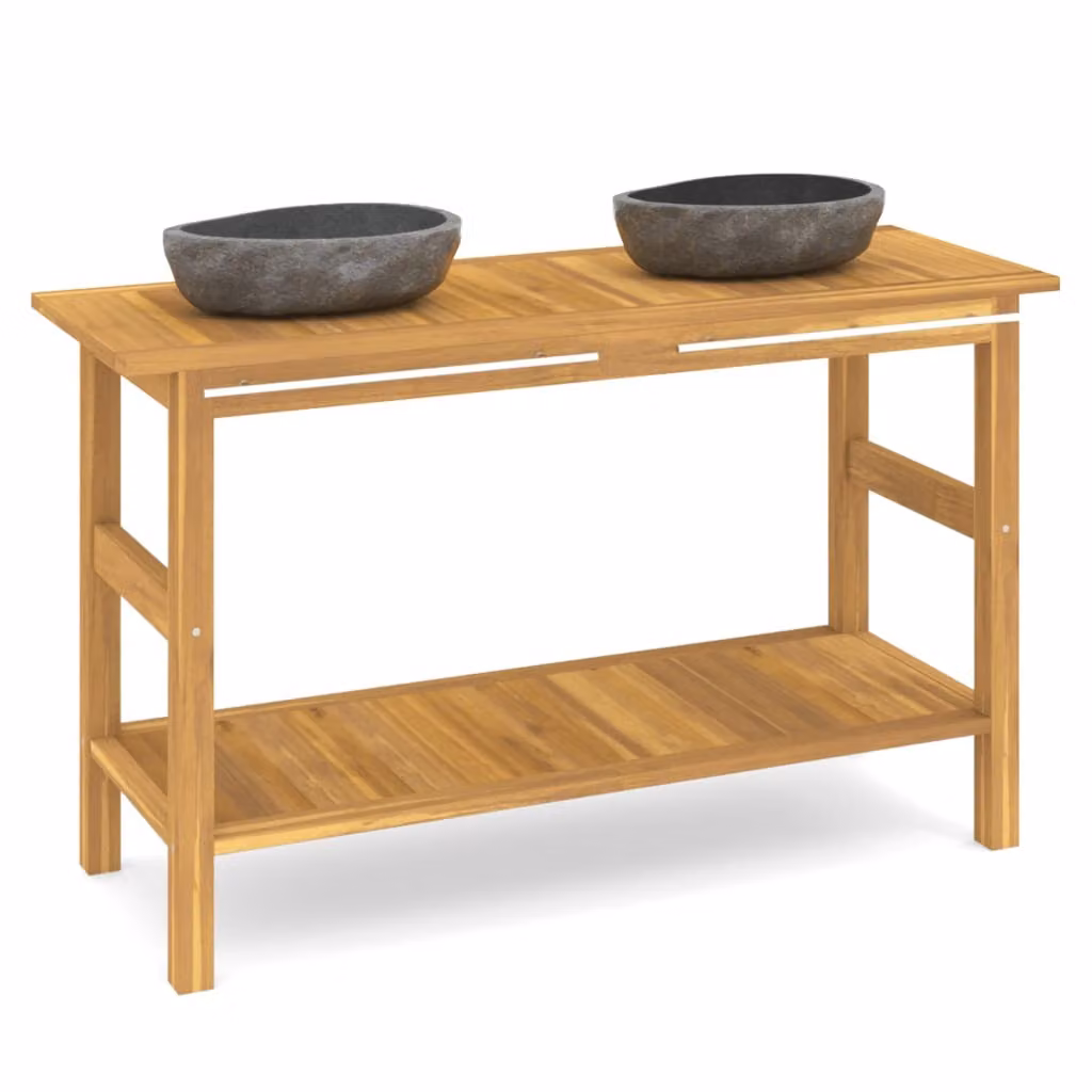 Mobile Vanità Bagno con Lavandini Pietra Fiume Massello di Teak