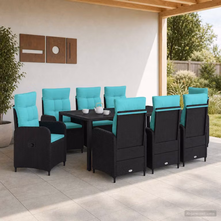 Set da pranzo per esterni vidaXL in polyrattan color turchese con tavolo rettangolare in vetro e 8 sedie moderne