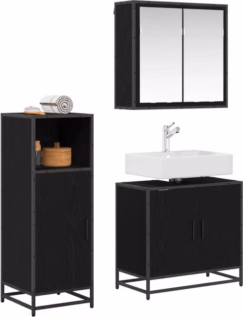 Set di mobili per il Bagno | Armadio da bagno 3 pz Rovere Nero Legno multistrato