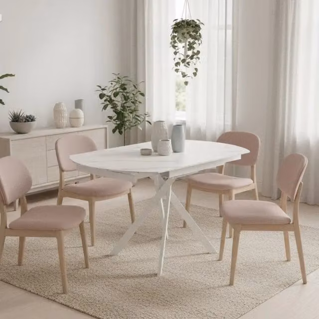 Tavolo da pranzo allungabile Drift Duzzle in ceramica effetto marmo bianco con finitura opaca, ideale per fino a 6 posti, L/P: 80-120 x 120 cm, H: 76 cm – 1