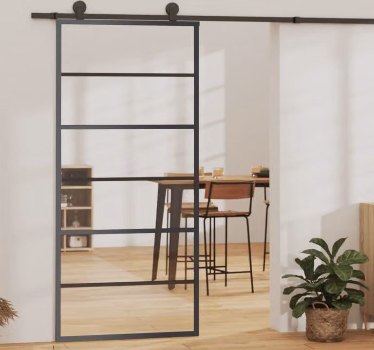 The Living Store Porta scorrevole ESG in vetro e alluminio 90x205 cm Nero