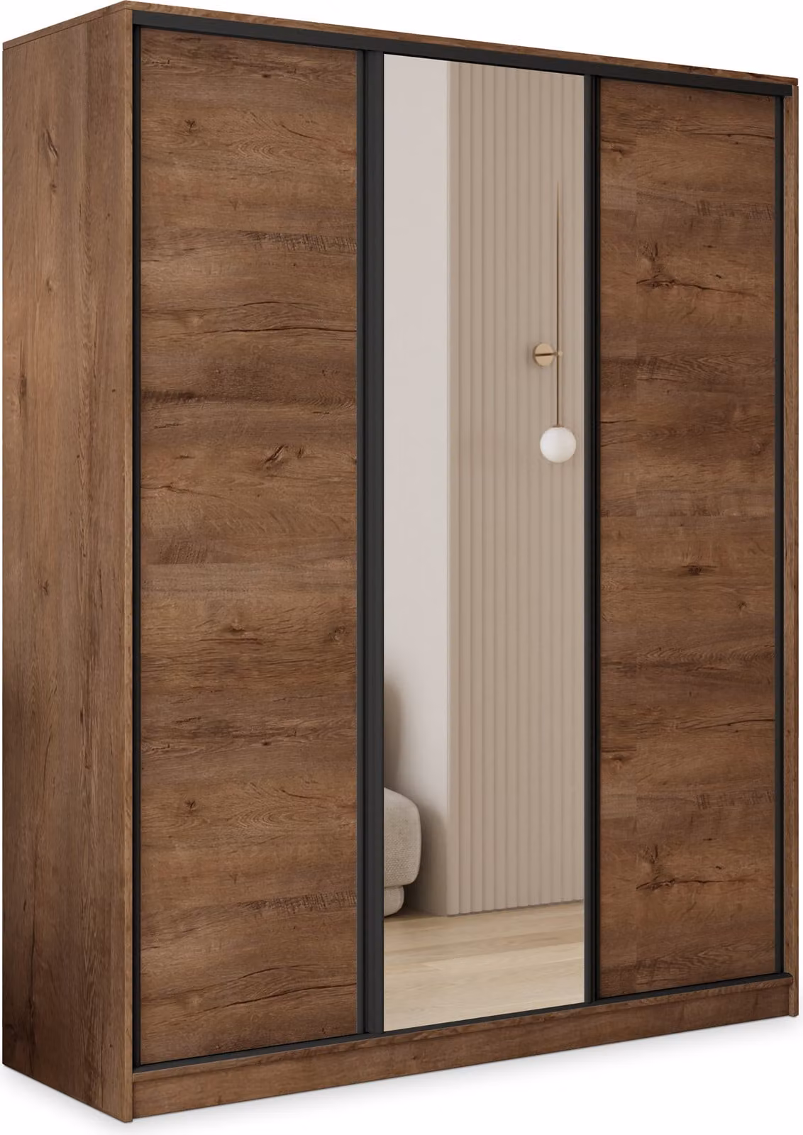 Armadio scorrevole Masseno TARI 160/205/58 cm Armadio con 4 cassetti Armadio per camera da letto a 3 ante con specchio Rovere Lefkas