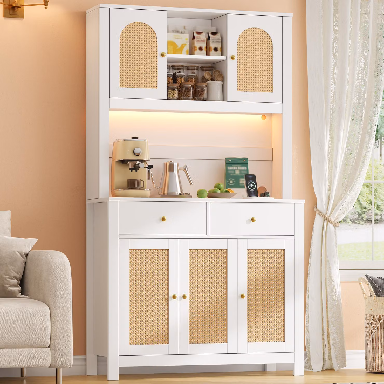 Armadio alto 100x40x180, con illuminazione a LED, prese di corrente, 5 ante in rattan, 2 cassetti, mobiletto dispensa