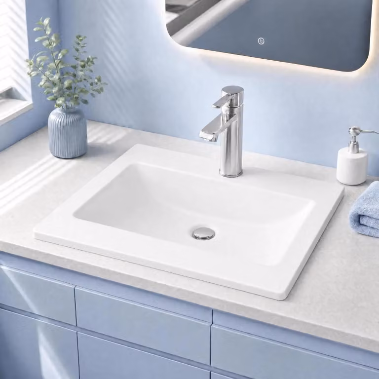 Lavabo – Semincasso, lavabo da appoggio angolare – Vetroceramica – Un foro per rubinetto – 53 x 46 cm – Bianco
