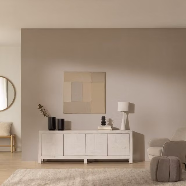 Credenza bassa Cuzco Banak in legno massiccio di araucaria bianco e grigio L: 196 cm, P: 45 cm, H: 68 cm