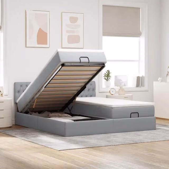 Letto con contenitore a sollevamento e materasso vidaXL in tessuto moderno, grigio e bianco, L: 160 cm, P: 200 cm, H: 280 cm