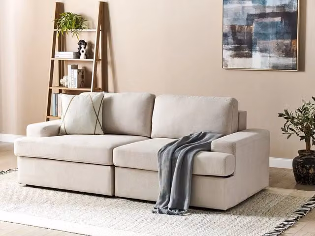 Divano Classico a 3 Posti BELIANI in Tessuto Beige con Struttura in Legno Massello per Soggiorno L: 208 cm, P: 86 cm, H: 62 cm