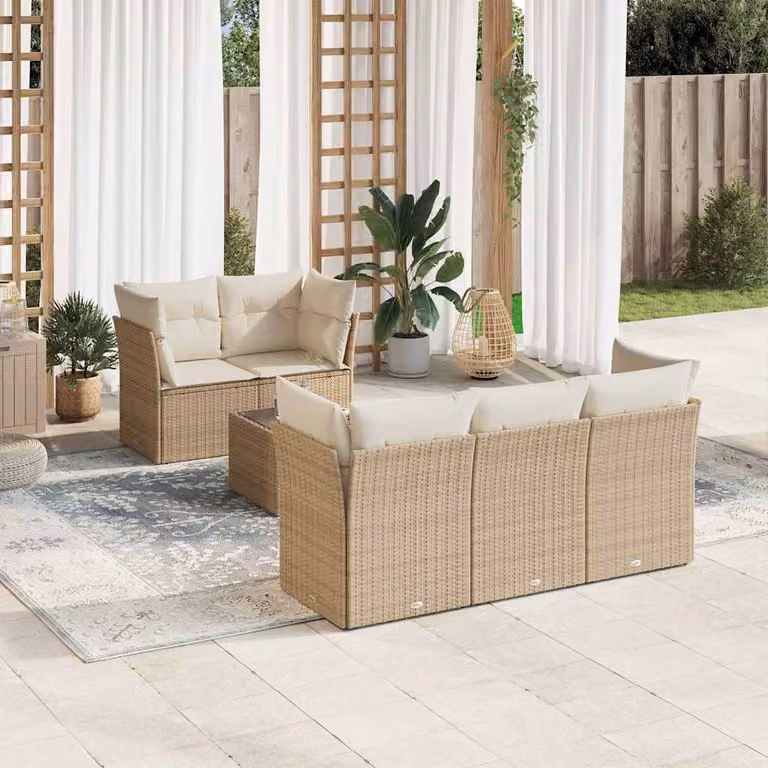 vidaXL Set Divano da Giardino a L composto da 6 pezzi con Cuscini Beige e Tavolino da Esterno in Metallo e Polyrattan