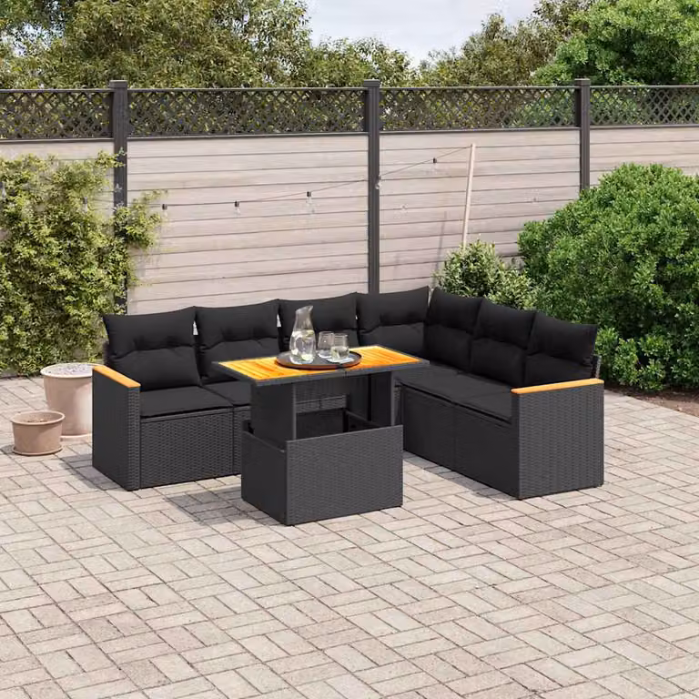 vidaXL Set Divani da Giardino a L con Cuscini 7pz in Polyrattan Nero e Legno di Acacia