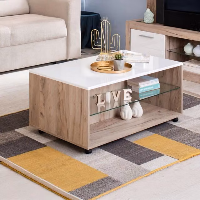 Tavolino da salotto moderno DMORA con piano in vetro e ruote, L: 101 cm, P: 60 cm, H: 45 cm, Bianco e Marrone – 1