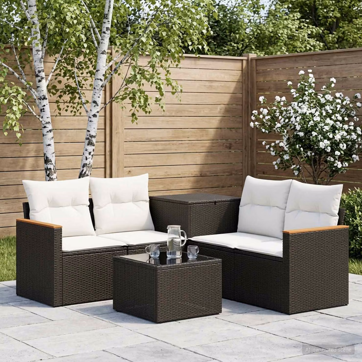 Set di divani da giardino vidaXL in polyrattan nero e bianco con tavolo da caffè e cuscini inclusi