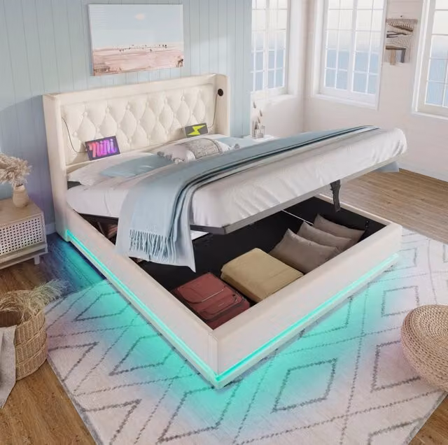 Letto contenitore imbottito 160x200 cm in PU bianco con LED e USB Type-C