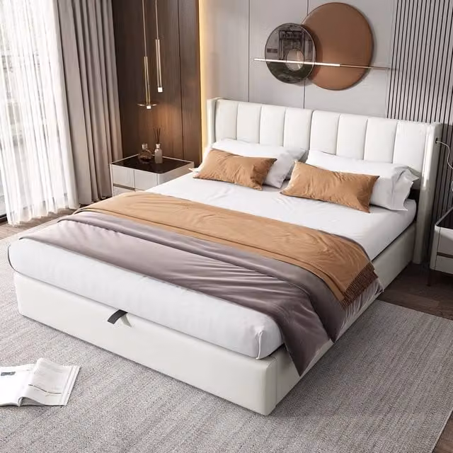 Letto Contenitore Imbottito con LED ¨C MINIMAL ¨C 180x200, Testiera Regolabile, USB, Bianco