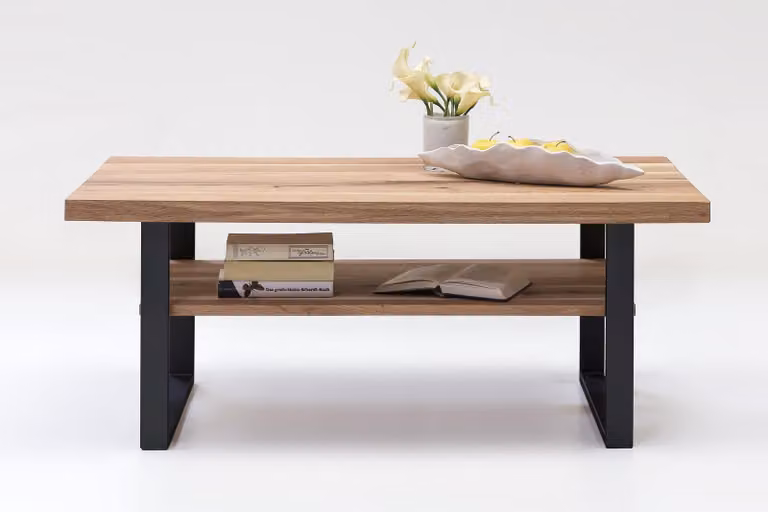 Tavolino - 115 x 65 cm - rovere massiccio oliato - struttura in metallo - nero - con ripiano