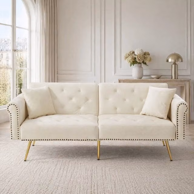 Divano letto 2 posti in velluto beige con schienale reclinabile a 3 posizioni e piedi in metallo dorato