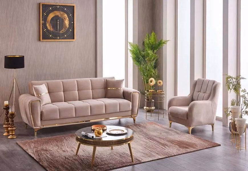 Garnitur Dreisitzer Sessel Polstersofa Stoffsofa Beige Set 2tlg Couch