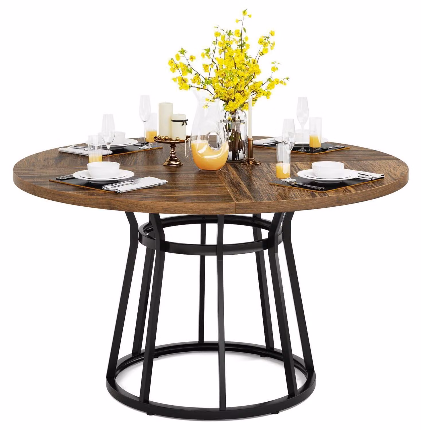 Tavolo rotondo da pranzo per 4 persone, diametro 120 cm, colore marrone, base in metallo, piano in truciolato, altezza 75 cm