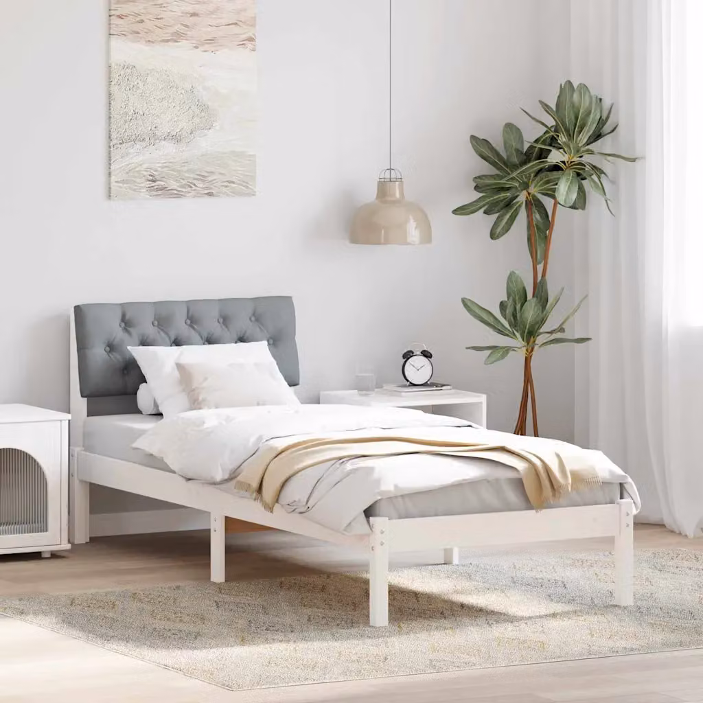Struttura del letto moderna vidaXL in legno di pino e tessuto, Bianco e Grigio, 80 x 200 cm – 1