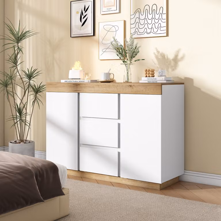 STILVORA Comò con 3 cassetti e 2 ante, credenza per camera da letto e soggiorno, armadietto con serratura, funzione di contenimento, bianco+rovere