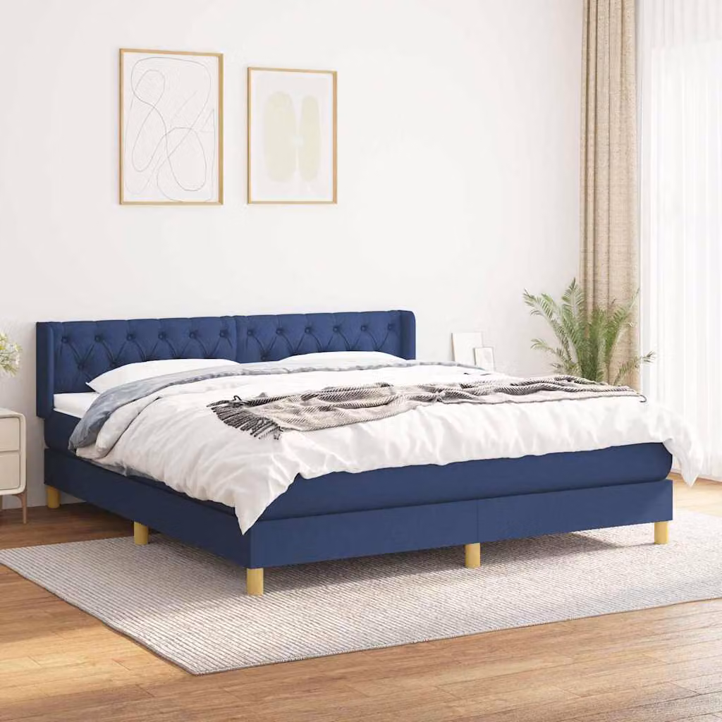 vidaXL Giroletto a Molle con Materasso Blu e Bianco in Tessuto L/P: 160 x 200 cm – 1
