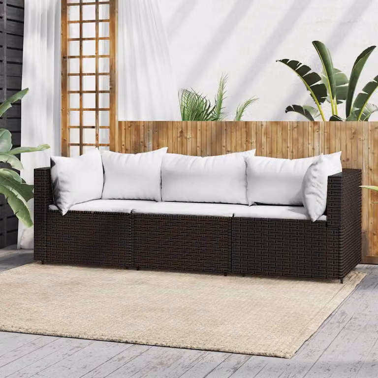 Set di mobili da giardino vidaXL in rattan marrone con cuscini bianchi e struttura in acciaio per esterno