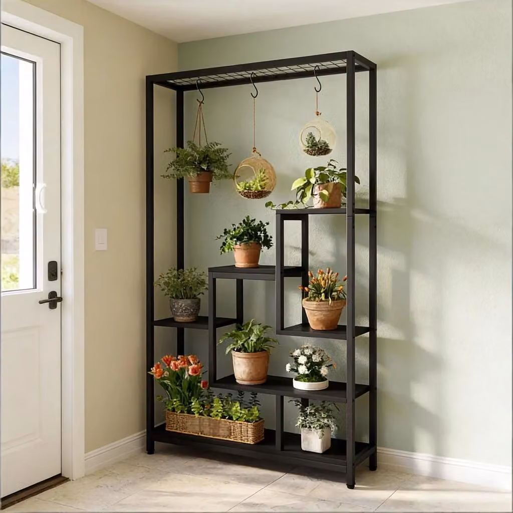 Libreria a scala OKWISH con 7 ripiani e ganci a S in metallo e legno, nera, H 108 x L 37 x P 19 cm – 2