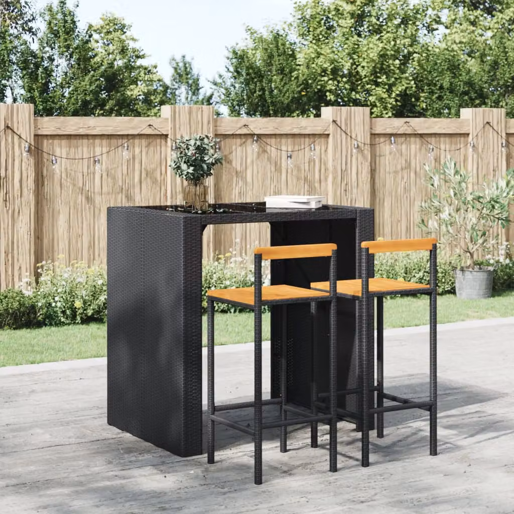 Set di 2 sgabelli da bar vidaXL in polyrattan nero e legno di acacia massello
