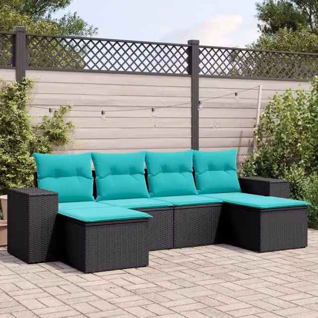 Set Divano da Giardino a L vidaXL con 6 Pezzi, Polyrattan e Struttura in Metallo, Colore Nero con Cuscini Inclusi