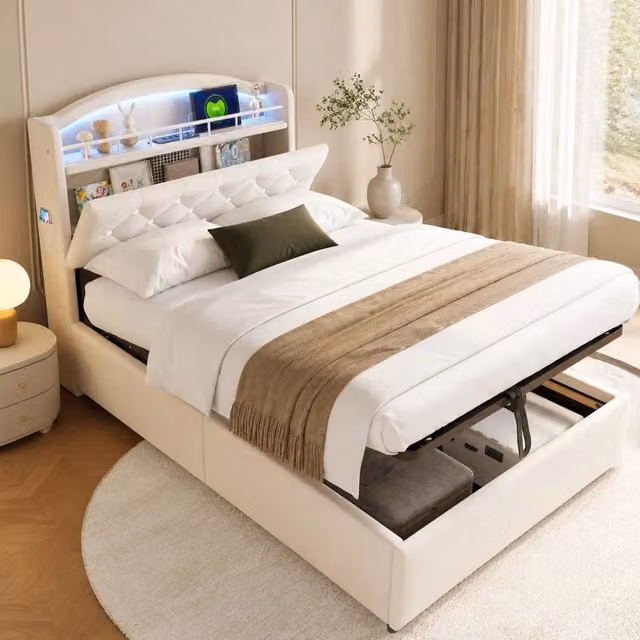 Letto singolo imbottito per bambini 90x200 cm con spazio contenitore, LED multicolore e porte USB beige